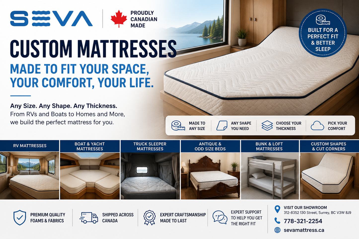 Custom Mattress Canada | Custom Size & Shape Mattresses | Seva
